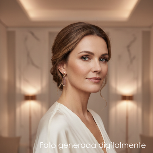 mujer con pendientes dobles, coleccion Folerpa de Ardentia, plata 925 con chapado en oro y galvanizado marron