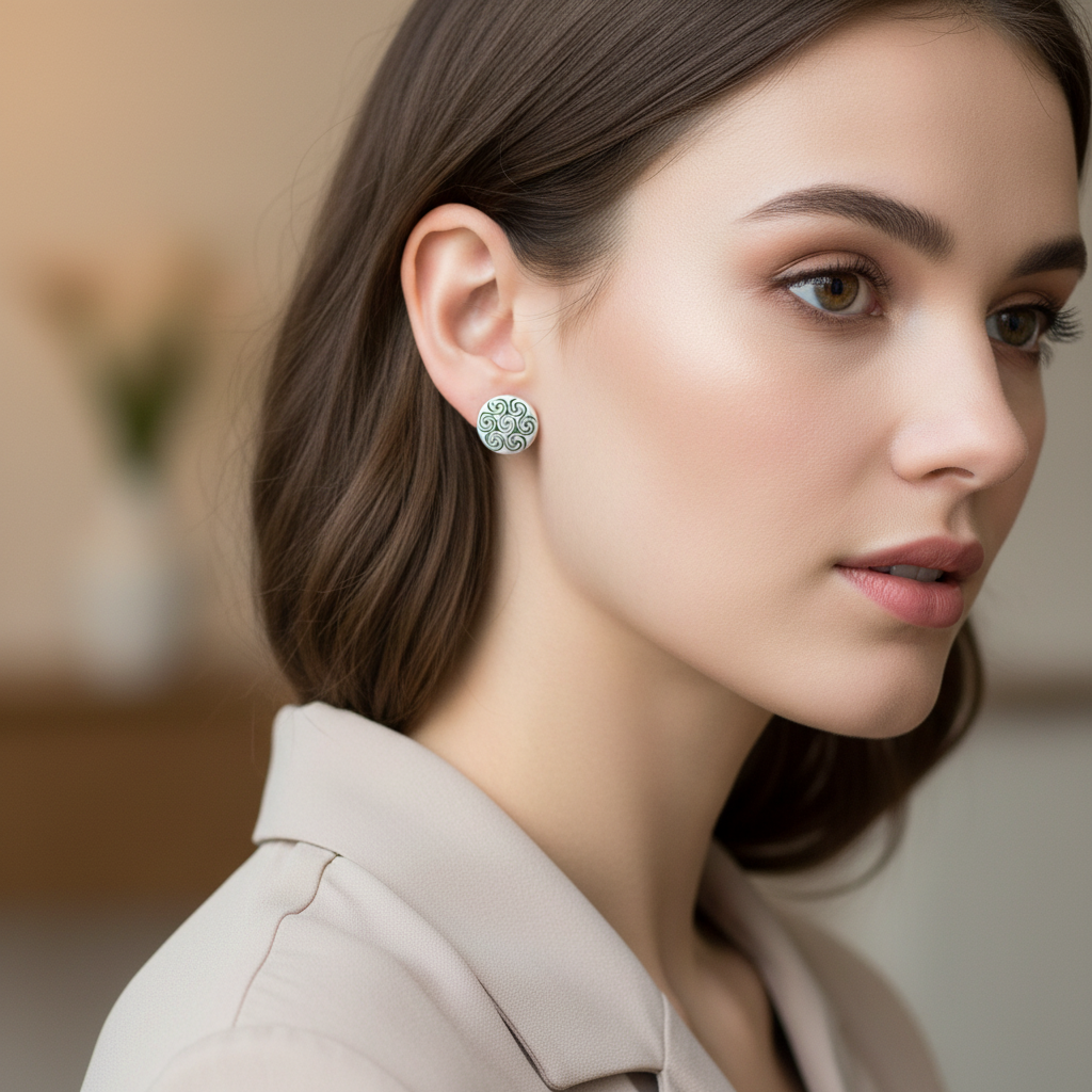 mujer con pendientes de presion celtas, en plata de ley 925 con grabados de petroglifos, coleccion de Ardentia