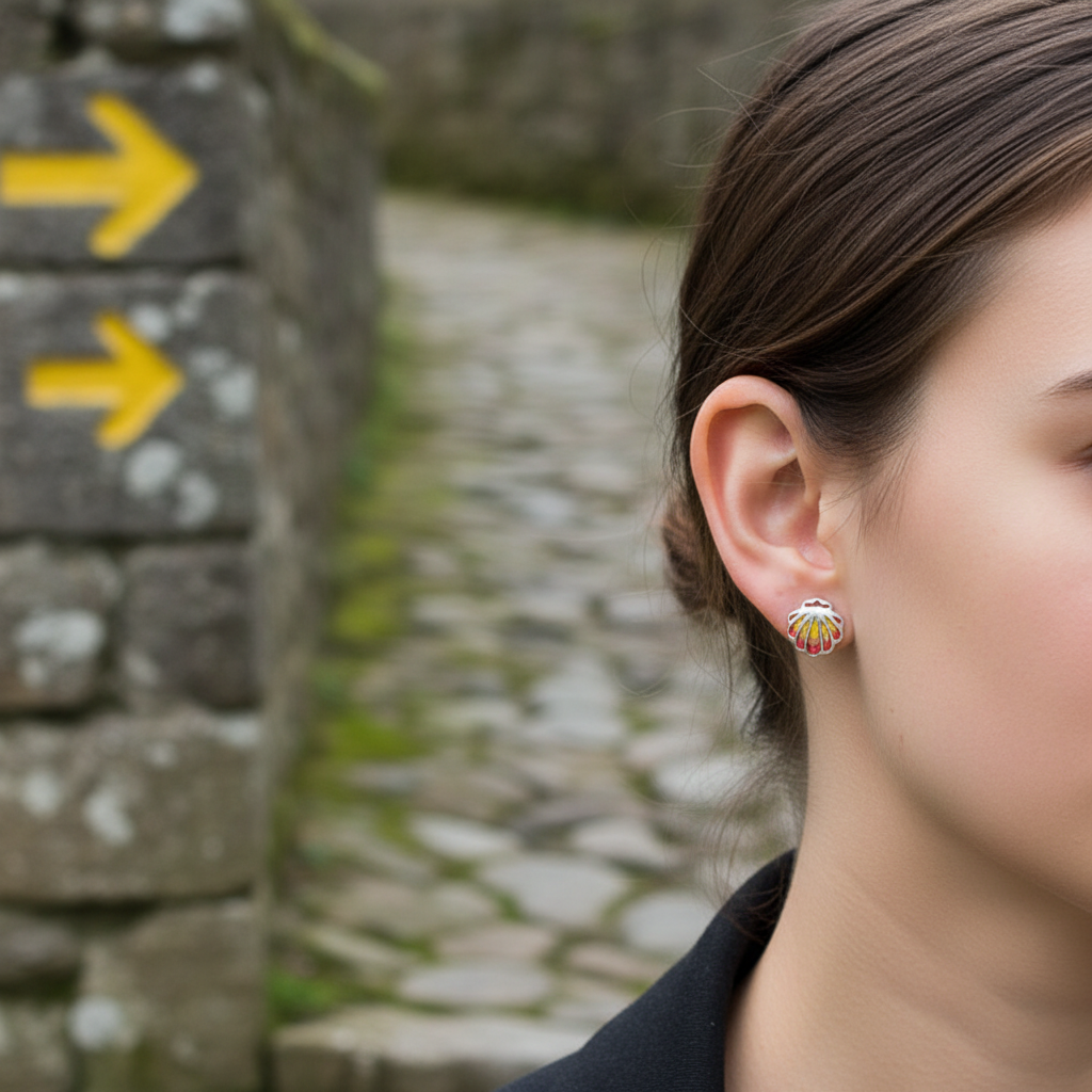 peregrina con mini pendientes de presion plata de ley 925 con pigmentos rojzos, concha del camino de santiago, Fisterra Solpor de Ardentia