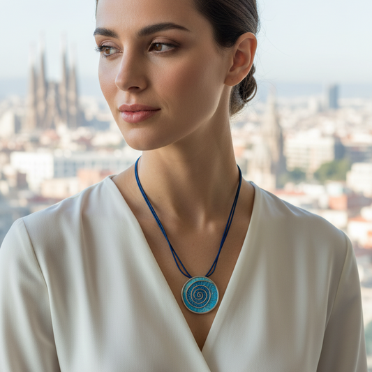 mujer con colgante grande redondo en plata de ley 925 con esmalte al fuego azul, Gaudi de Ardentia