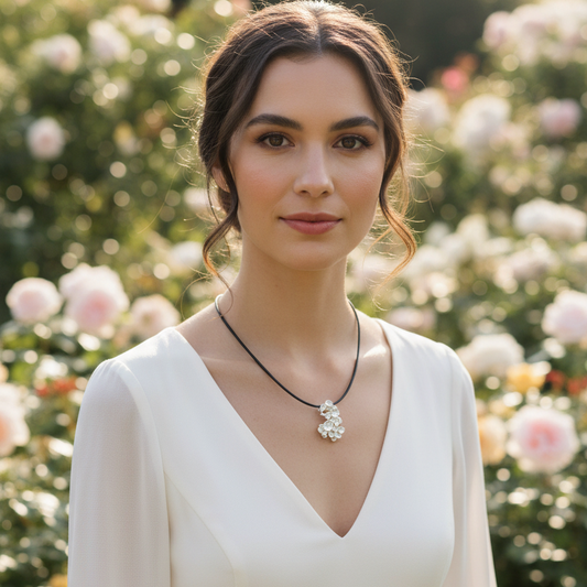 novia luciendo colgante mediano coleccion Dream de Ardentia en plata de Ley 925