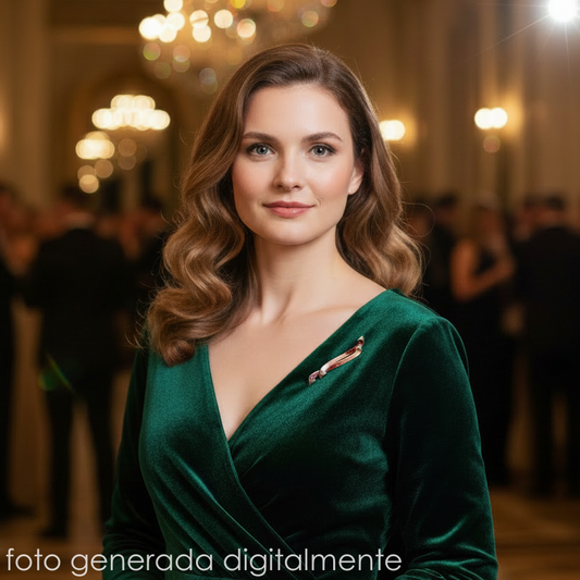 Mujer vestida de gala con broche rojizo en plata de Ley 925 y pigmentos metálicos, coleccion baku de Ardentia