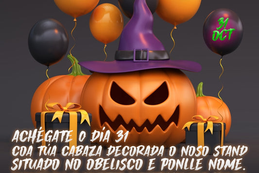 Cartel de Samaín con calabazas y una invitación a llevar una calabaza decorada al stand de Obelisco el 31 de octubre