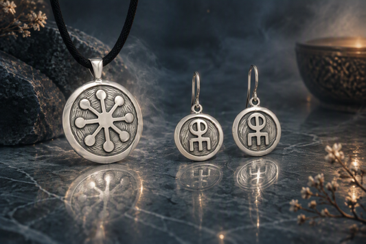 Colgante y pendientes de plata con motivos simbólicos de runas de Ardentia