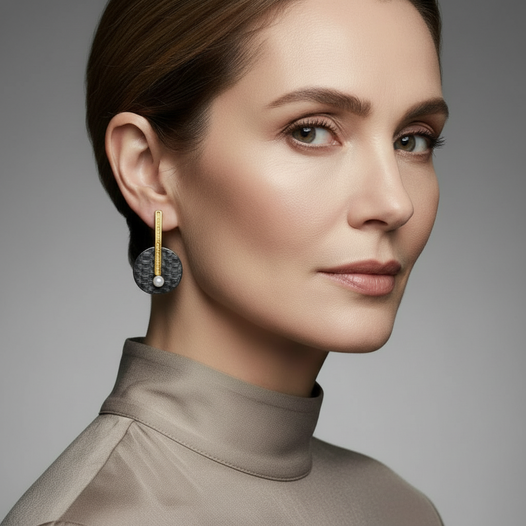 Mujer con pendientes elegantes en plata de Ley 925, de la colección Saski con perla y barrita chapada en oro