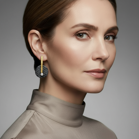 Mujer con pendientes elegantes en plata de Ley 925, de la colección Saski con perla y barrita chapada en oro