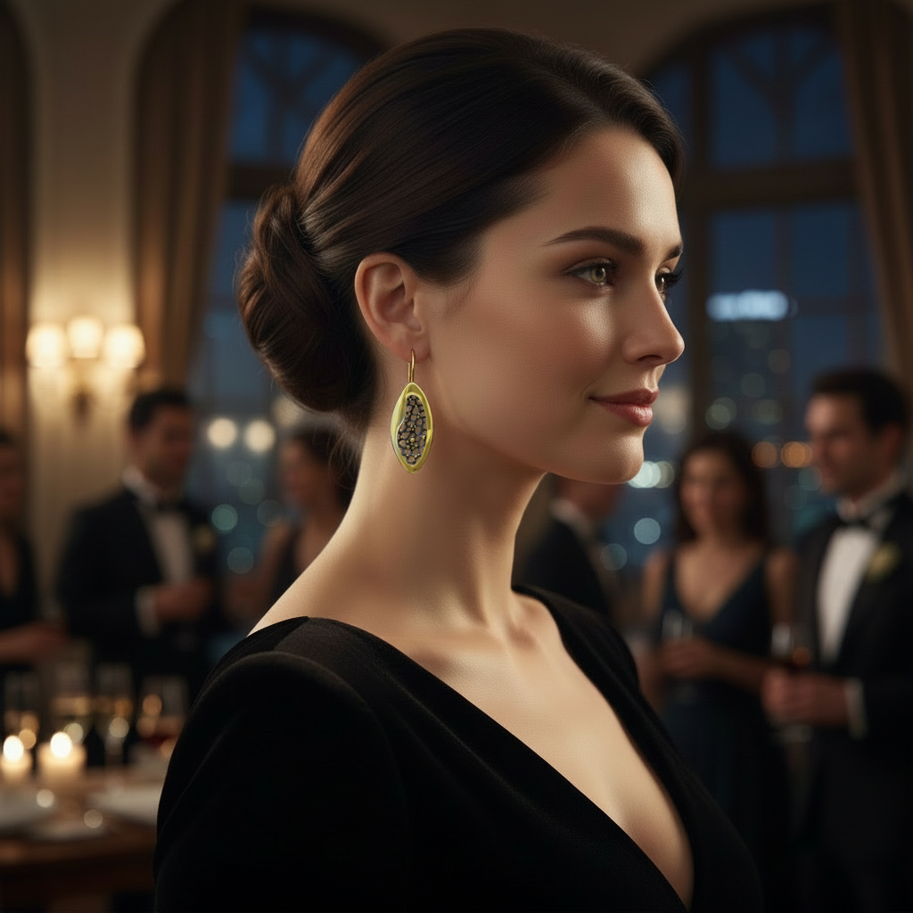 mujer con Pendientes Casiopea de Ardentia