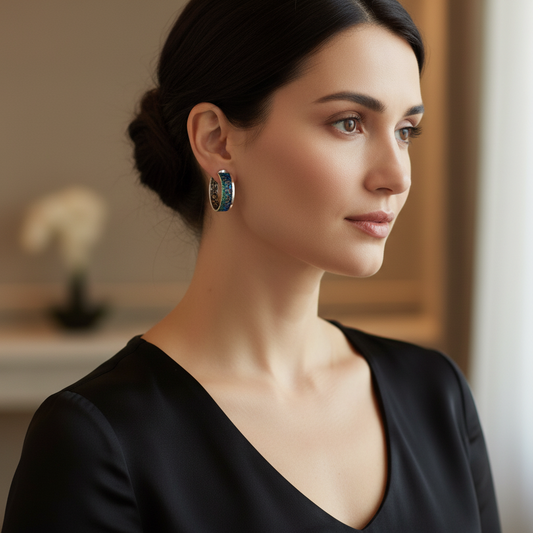 modelo con pendientes de aros de la colección Oso, en azul y verde