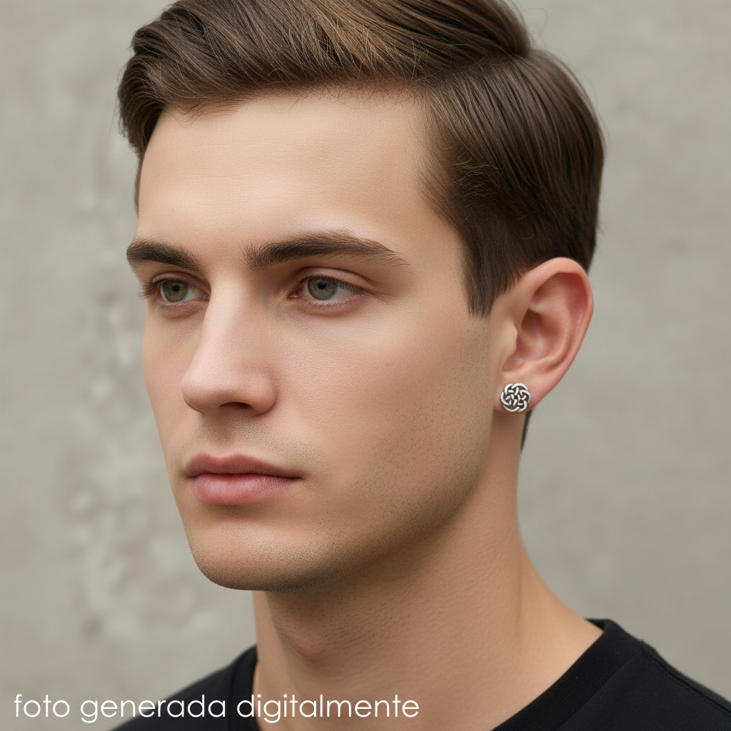 chico con pendientes de presión celtas, colección Nudo celta de Ardentia