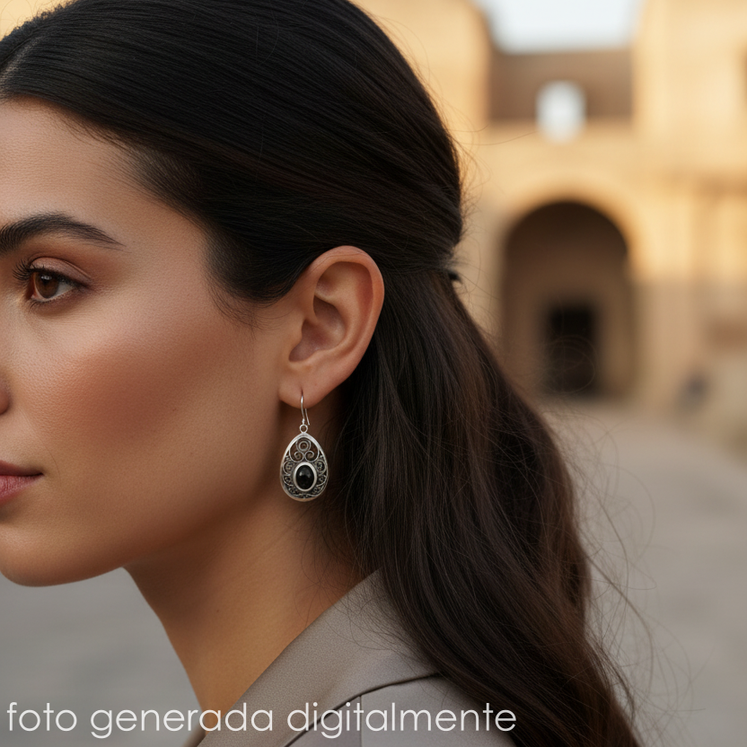 Chica con pendientes lágrima colección Enova, en plata de Ley 925 con azabache - Ardentia