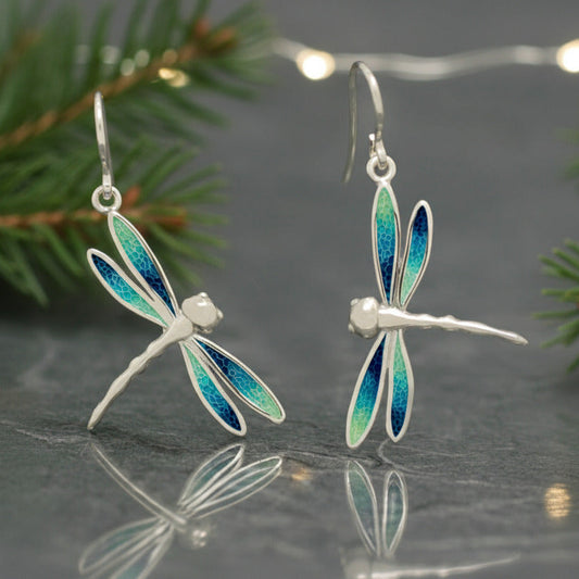 pendientes de gancho móvil, con libélulas en tonos azules, de Ardentia