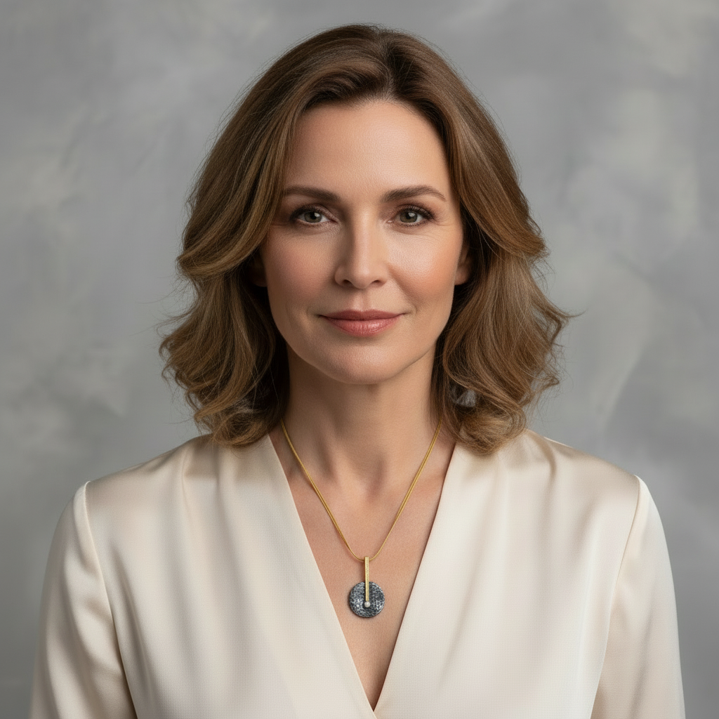 Mujer con colgante en plata óxido con perla y barrita chapada en oro