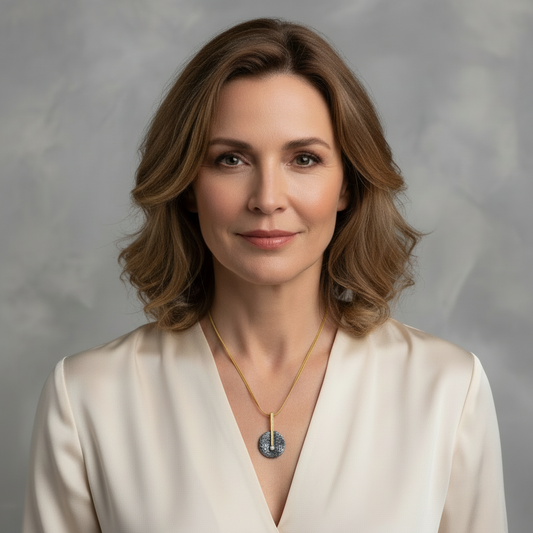 Mujer con colgante en plata óxido con perla y barrita chapada en oro