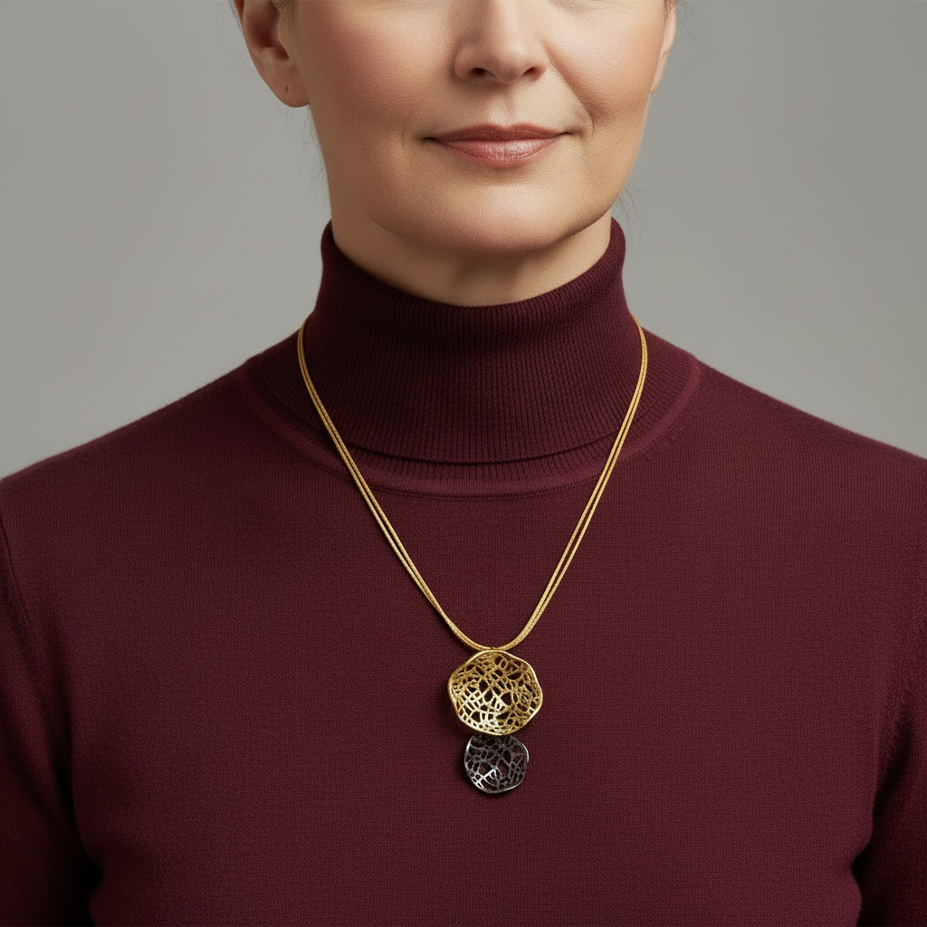 modelo con colgante madison doble de ardentia, con acabado chapado en oro y óxido