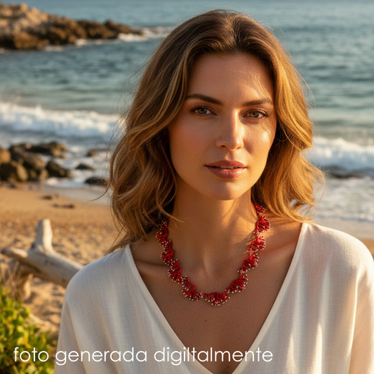 Mujer con gargantilla Anémona pasión en plata de ley 925 con acabado galvanizado rojo pasión, diseño artesanal Ardentia
