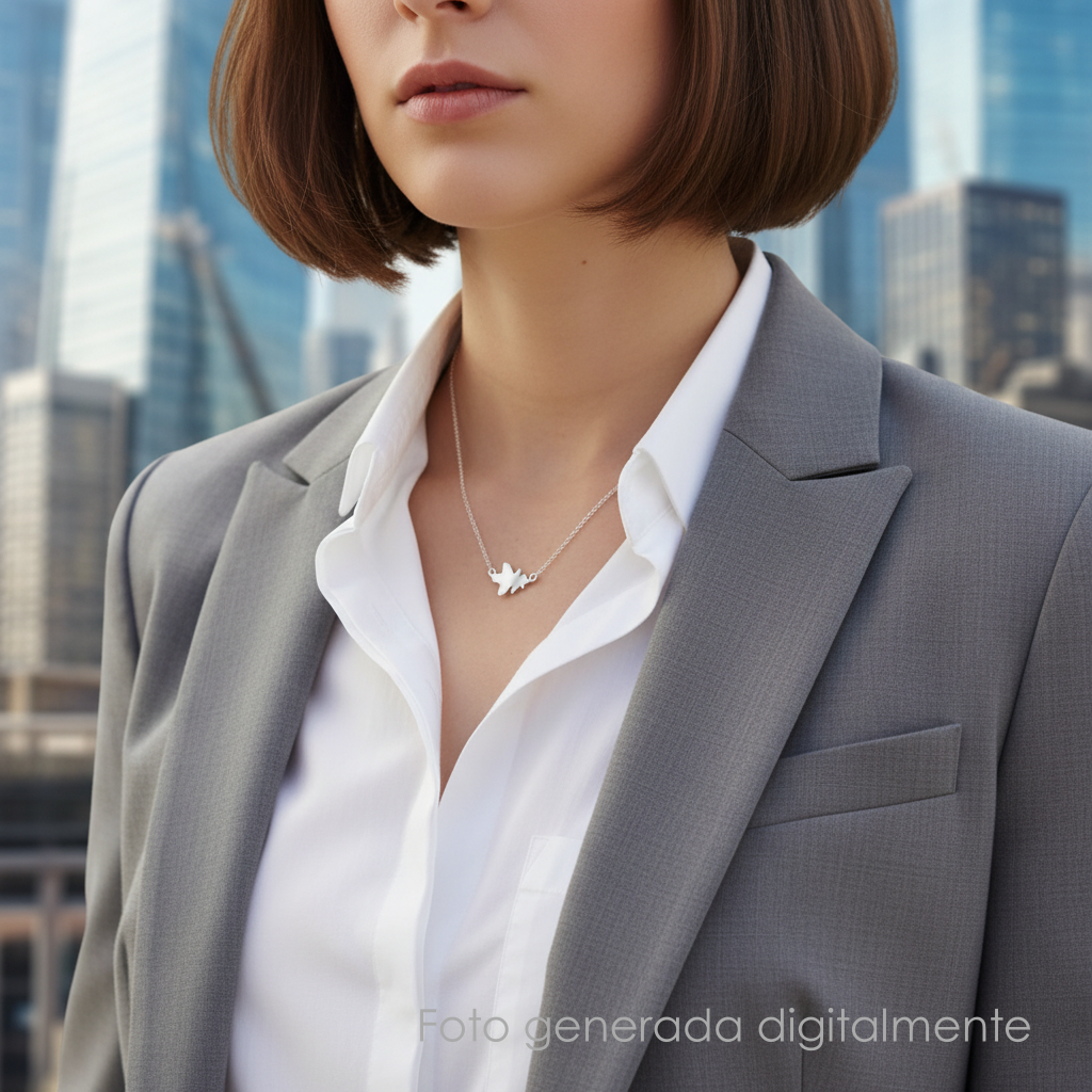 Chica con gargantilla Carballo, hoja de roble en plata 925 mate – Ardentia